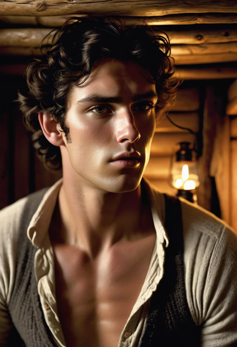 (highly detailed, soft light, photorealistic, dynamic light; cinematic); victorian era; 1820s; 24 years old man; Greek; 1820s Anglican priest; incredibly attractive; dark and brooding; masculine yet beautiful; helpless longing stare; confused expression; Adonis; moody; intense; hooked Greek nose; sensual; amorous air; very attractive; lean figure; olive skin; stubble; hazel-green eyes; thick strong dark-brown eyebrows; long full sideburns; 1820s simple woolen workers clothes, unbuttoned; naked chest with dark-brown hair; short tousled dark-brown wavy hair; full luscious moist lips, parted; mouth slightly open; standing in a cosy 1820's log cabin with a bed and oil lamp in the background; looking at camera