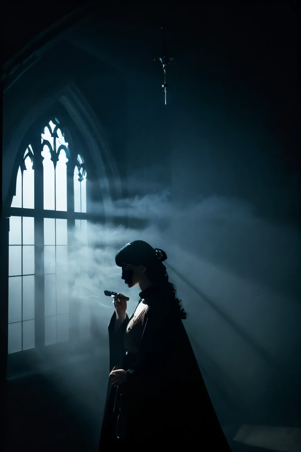 (highest quality,High resolution,masterpiece:1.2),Dark wood、have a sword、Shiroyama on the screen、chandelier、stage、Candle、thin light、Suspicious Shadows, Wrapped in a robe, A large moonlight that emits red light、contrast lighting,fine wood texture,dark atmosphere,Bright colors,sharp focus,long shadow,creepy themed,hidden secret,mysterious aura,dramatic composition,Detail-rich environment,Fascinating story,heroic pose,faint smoke,night scene,thick fog,Interaction of light and shadow,Creepy Presence,adventurous spirit,mysterious element,,dynamic action,sparkling reflections,fantastic atmosphere,impressive architecture,gothic style,fantasy setting、Angle from the front、、Upper body close-up、