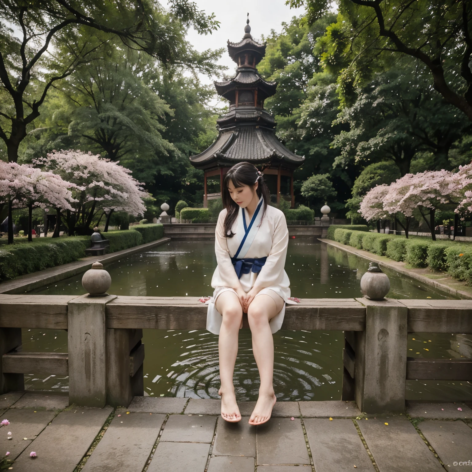 Hanfu, 1fille, seins moyens, clivage, montagne, soaking pieds, session, Fond de parc chinois,cuissardes blanches,Eau claire,(pieds:1.3), trop de fleurs,  
