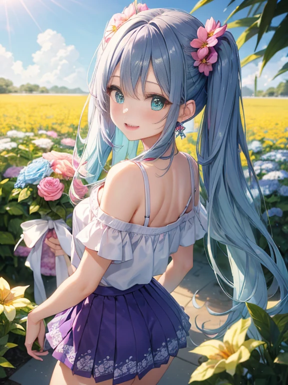 Glasses、小さなgirl、The arrival of spring、big butt、 (alone:1.5,)Super detailed,bright colors, very beautiful detailed anime face and eyes, look straight, ;d, shiny_skin,girl, ((gradient hair, , Half blue、half pink hair: 1.2)）, 、forehead is exposed.、green eyes、、shiny hair, delicate beautiful face, blush、(turquoise eyes), White skin, Valletta, earrings,、blue flower field、(((Floral、summer clothes、purple mini skirt)))、twin tails、smile、happy face、face dyed red
