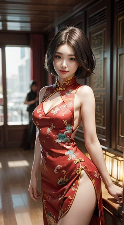 (lively),(playful),(chai pao),(Colorful prints),(energetic pose),(bob haircut),(accessories: flower),(bright look),(dynamic movement)、(real 8k, Raw photo, realistic: 1.25), (lip gloss, eyelash, shiny face, shiny skin, highest quality, ultra high resolution, Depth of written boundary, chromatic aberration, caustics, wide range lighting, natural shading, K-POPアイドル) 、21 years old、7 Beautiful Women、thin, muscular, perfect body、small breasts、((Red pattern cheongsam super mini sexy design costume))、((Slightly larger sexy thighs stick out))、((sexy cheongsam dress with red dragon pattern))、(Sleeveless Chinese dress that clearly shows cleavage)、(The background is the entrance lobby of a luxury hotel.)、(thighs sticking out、Her eyes are big and very attractive), (buckshot), focus on, front of eyebrows,(tight dress), (Thick thighs stick out),big open back dress、cute smile、Your expression is soft、(A sexy red Chinese dress with a slit up to the chest)