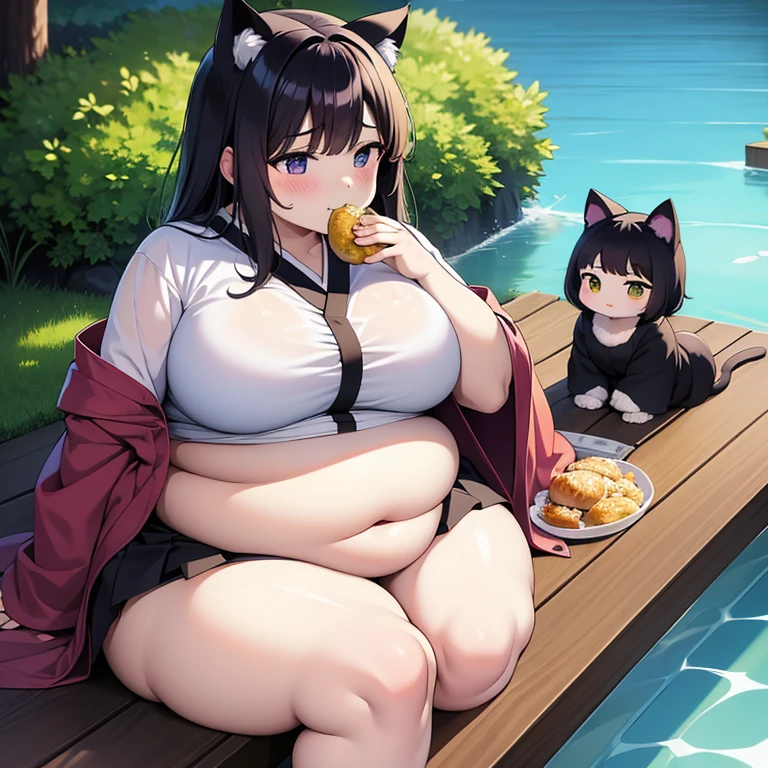 (masterpiece、best quality、super quality、perfect anatomy、detailed、intricate details、Impeccable attention to detail、Superb execution、Beautiful big breasts、upscale、Perfect workmanship、expressive art:1.3),(fat、chubby、Plum:3.45), 2 girls, black hair color hair, long white hair, through bangs, wide waist, wide body,Cat ear,huge belly,The abdomen is divided into two layers,The belt tightens the belly,sitting in water,The belt tightens the belly,Hip-hugging skirt:3),Tight fabric on chest,chubby,heavy belly,hot spring,Two fat cat women huddled together face to face,sitting in water,Skirt rip,hot spring,eating,hot spring,Tight fabric on chest,kimono,The skirt is tight on the lower abdomen,hot springkimono,kimono,anime cat girl huge intestines eat a lot of food shirt lift up the intestines and the intestines on the table - car,swollen stomach