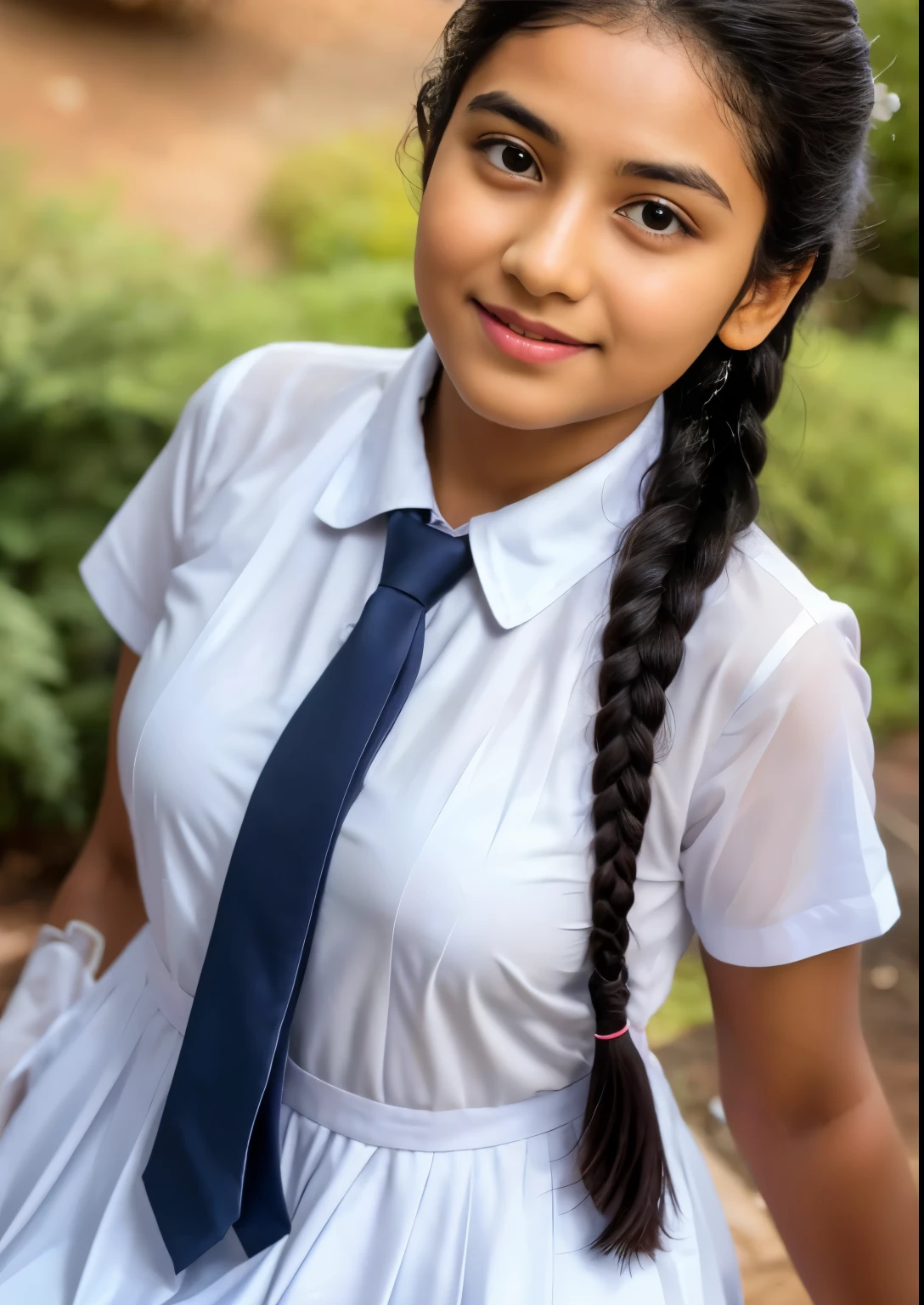 Raw photo , 1 girl  ,Wearing white frock and color tie, white shoes ,sri lanka teen school girl, with plait, stand in the ground big breasts, sexy , professional photographer, (hdr:1.4), masterpiece, ultra-realistic 8k, perfect artwork, intrincate details, cute face, award winning photograph, (Best quality, 8k, 32k, Masterpiece, UHD:1.3) ,