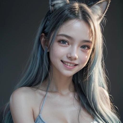 top-quality, Drawn details, ​masterpiece, 超A high resolution, (Realistic:1.4), Raw photo, (fox eared), (fair and clean skin, Fine-grained skin, Skin as young as a child), (Glossy atmosphere), (Smaller head), (a small face, With a bright round face), (Beautiful fece), (Beautiful expression), (big eye:1.3),(Looking at camera showing a huge smile with teeth:1.7), (Strong affection), cute little, (long blue hair, gradation hair, wavy hair、Soft hair quality:1.7), (1 woman, solo), (Very small breasts, small tits:1.7), (A slender:1.5), (thin waist, Thin arms, Thin leg, thin neck, thin shoulders:1.6), (sloped shoulder), (Black camisole, knit:1.6), (softlighting:1.5), (she is 7 months pregnant)