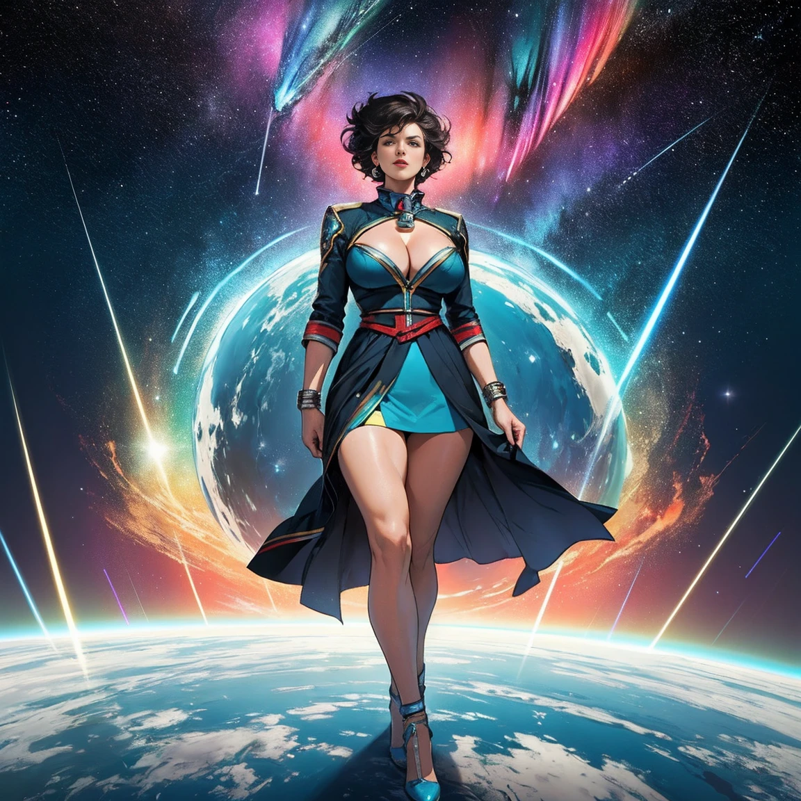 (((32k))),(((Highest quality))),(Perfect One Woman),60's,70's,80&#39;s,old movie posters,retro,vintage,bauhaus,abstract,Space Thriller Movie Poster,Futuristic,shape,OK,cosmos,galaxy,satellite,mechanical,Geometric pattern,meteor,meteorite,planet,very delicate,Space flyer OK,Milky Way,((big breasts)),(cleavage),rainbow,massive stream of light,flare,overlay,aurora,Starry sky,infinite possibilities,strongest,Highest,(perfect fingers),perfect gorgeous physical beauty,perfect limbs, very tight clothes detailing all body breasts and shaved pussy.