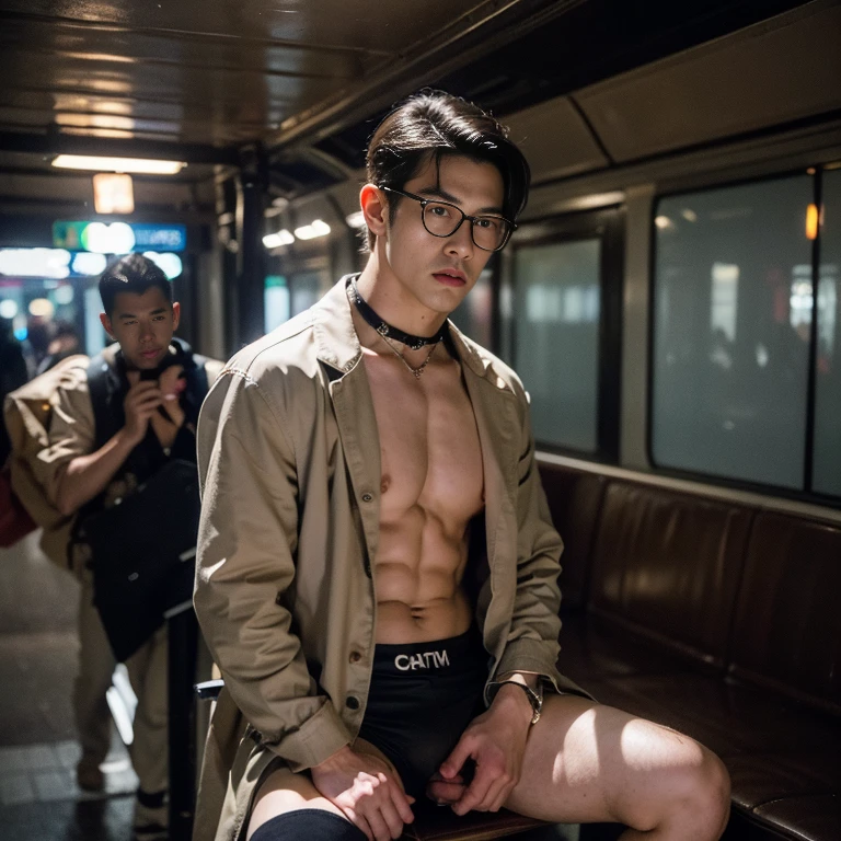 Best quality,masterpiece,ultra high res,photorealistic:1.4, multiple boy,light and shadow, ,magazine cover,the perfect body,under_cut,Pompadour,in the subway,aboard,((handsome, sharp, wild facial features)),flaccid,(robust muscular body),(robust physique),peoples in the background,POV,sex,nude,male focus,lying,only penis,open your legs,sex from behind,standing sex, spread legs,riding a penis, bare legs,white thigh highs,Badge,glasses, cum,coat,thigh strap, choker,gay, gay harness, crowds around him , crowds , 3 boys sitting side by side , penis in ass , penis in anus, anal penetration , erection , look at viewer , 16k resolution , ultra-high clarity , hyperrealism, uhd
