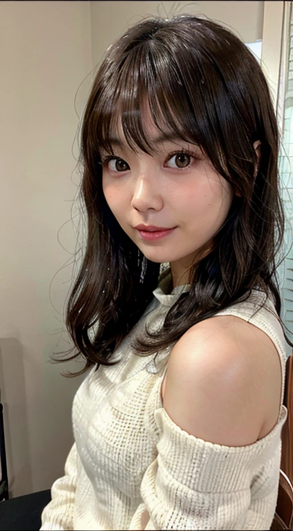 27 years old, woman, Japanese, Upper body composition, faceに照明, hairstyle: wavy waves up to the shoulders, brown hair, face: Heart-shaped with soft features, eyebrow: natural and soft arch, eye: big and round, The color is dark brown, nose: small and straight, mouth: 自然な笑faceの豊かな唇, clothing: stylish blouses and sweaters, light accessories, skin: 透明感のある輝くようなskin