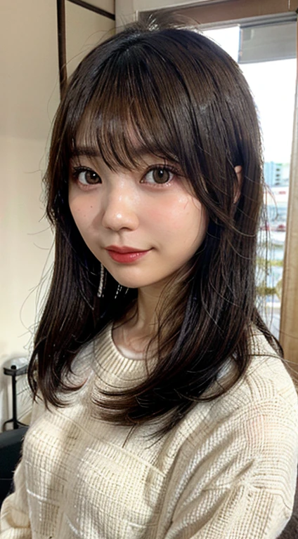 27 years old, woman, Japanese, Upper body composition, faceに照明, hairstyle: wavy waves up to the shoulders, brown hair, face: Heart-shaped with soft features, eyebrow: natural and soft arch, eye: big and round, The color is dark brown, nose: small and straight, mouth: 自然な笑faceの豊かな唇, clothing: stylish blouses and sweaters, light accessories, skin: 透明感のある輝くようなskin