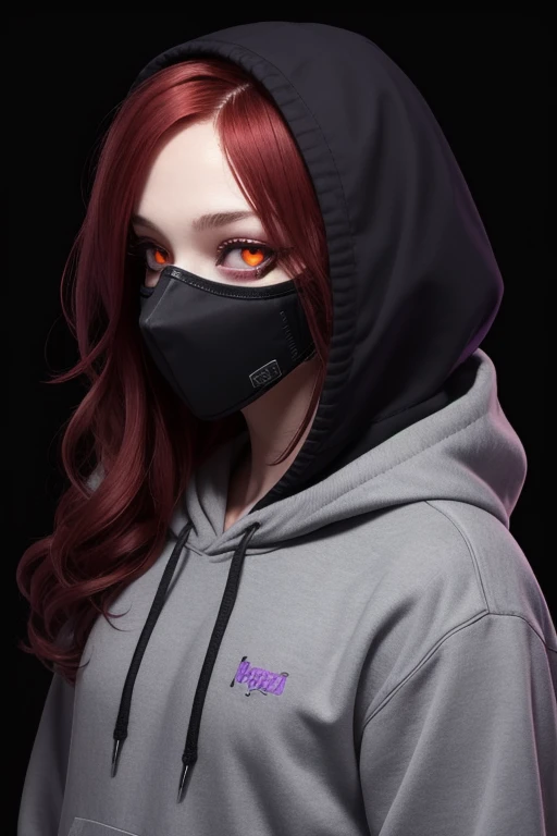 ((best quality)), ((masterpiece)), (detailed), perfect face,long wavy purple mix red hair color, sharp eyes, dark red eyeballs, wearing a cyber masker, wearing a black mix purple hoodie color, profile picture, dark light background.