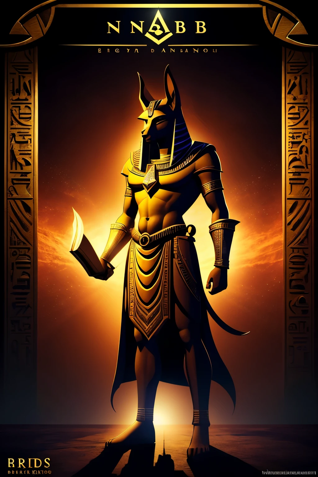 (cinematic), (8k), (ultrarealistic), (ultra-detailed), oil painting, Anubis, Egyptian god, jackal-headed man's body, pyramids of Egypt, jewelry, scepter --auto --s2