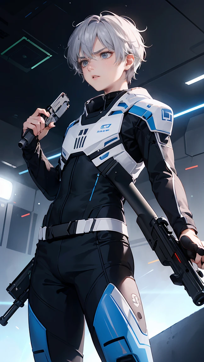 Lonely Boy, 20-year-old, platinum silver color shortcut, Wearing a black and blue plug suit, break ((Aiming at the audience1,5)), (holding beam rifle, hand gun: 1.5), expression of anger, cowboy shot, 8K (masterpiece, highest quality, super fine).