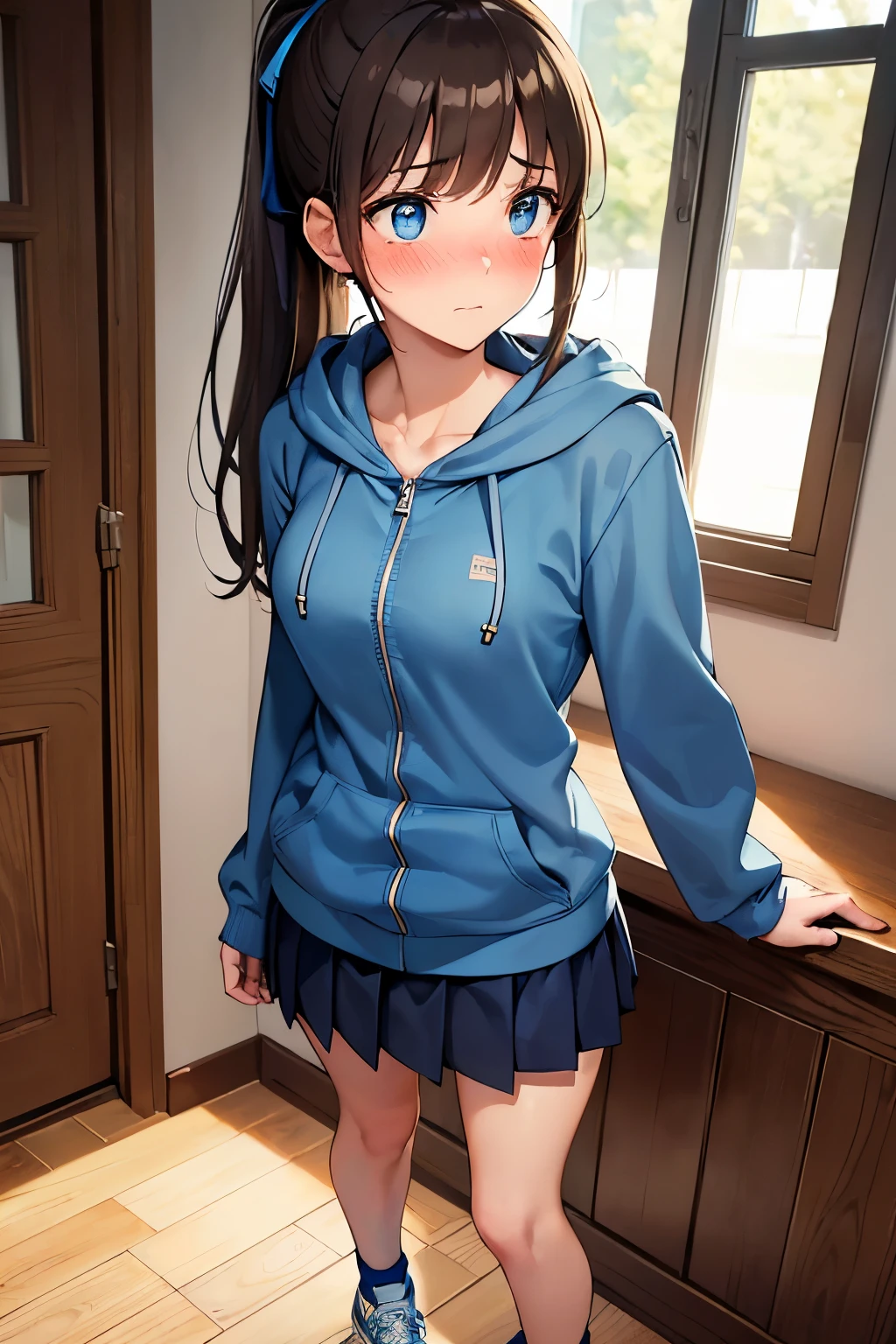 ((())), ((best quality)), ((masterpiece)), (detailed), (((perfect face))), (((slender 16yo teen girl wearing light blue zip hoodie))), (((dark blue pleated skirt))), ((brunette, dark brown hair)), ((high ponytail)), (((blue eyes))), ((shy:1.3)), ((blushing:1.5)), ((skinny )), (((dining room with wooden floorboards))), ((((girl looking away)))), (((standing))), (((wearing blue sneakers)))