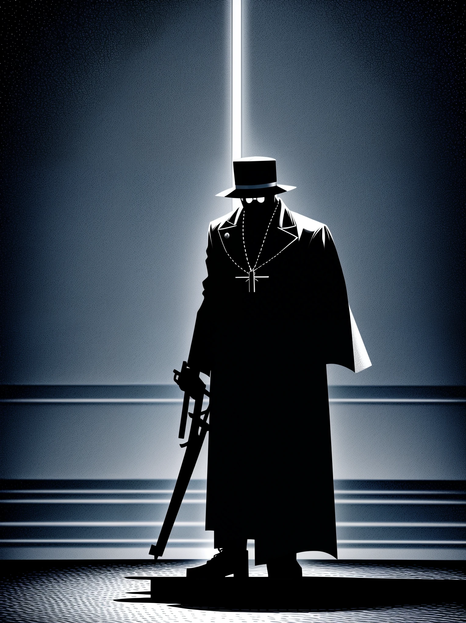 demon hunter, equipped with two pistols, with a large hat that partially covers his face, a masculine and battle-hardened man, wearing a long black trench coat, symbols of protection all over his body, purple glasses, pendants on his neck, rosary religious, ruthless and professional, work boots and an old watch in a pocket, in the background a city with a bell tower where the bells ring, dark atmosphere, 3d illustration, high quality, realistic and highly detailed, a masterpiece,Physically based representation,sosteniendo el arma con ambas manos,apuntar a ti