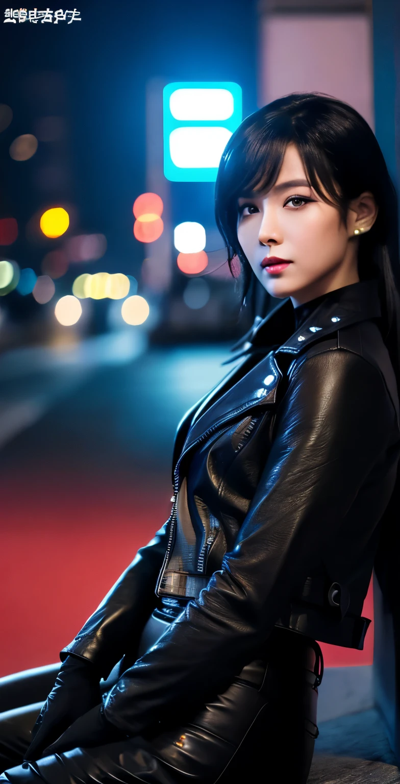 black leather rider jacket, office in the dark, Fingertips of black leather gloves on both hands,wearing black leather gloves,sitting in a black leather chair、 Japanese female new employee (black leather gloves cover both hands) (The angle is horizontal)、black leather leather pants,black leather black leather pants,black leather skinny pants、Long black leather boots on both feet、black hair ponytail ((He wears black leather gloves on his hands))full body photo,full body shot full body full body leather suit,☺If you turn in this direction。wearing black leather gloves,wearing black leather gloves,wearing black leather gloves,wearing black leather gloves,wearing black leather gloves,wearing black leather gloves,黒のレザーパンツが美しい😍黒のレザーパンツが美しい😍黒のレザーパンツが美しい,😍I'm smiling while looking at you,city lights、((neon cyberpunk city street:1.3))、(neon light)、detailed lighting、
best image quality、ultra high resolution、(realism:1.4)、korean beauty star、The most beautiful KPOP stars、face、horny korean makeup、A body that makes you want to touch it、realistic leather texture、Costume made of smooth leather fabric、The drape of the curved parts of the leather fabric、The costume has a strong shine、costume quality、8K photo quality