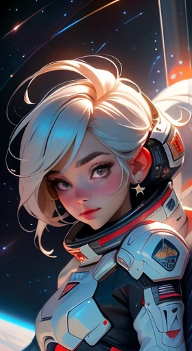 Uma mulher Melhor qualidade, detalhado, 4K, Foto CRU, obra de arte, detalhado face,, estrelas, planetas, Galaxy, space,, a photo of de calcinha flying e sutiã in space, cabelo azul, franja, cabelo longo, olhando para o espectador,