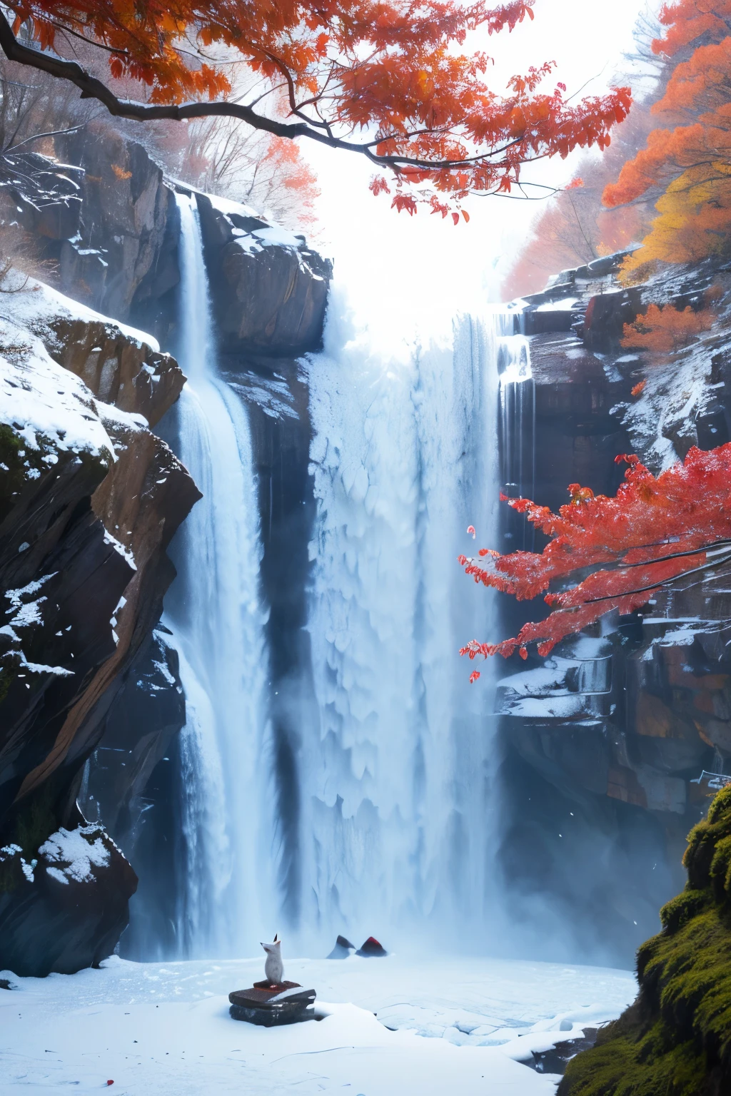 White fox fur is as smooth as snow,Nine tails tactful,Sitting on a cliff。Red leaves fluttering in the wind,A waterfall surges in the distance,The valley is filled with tranquility。In the picturesque scene,Nine-tailed white fox stares into the distance,Become a moving light and shadow on the snow-capped mountains