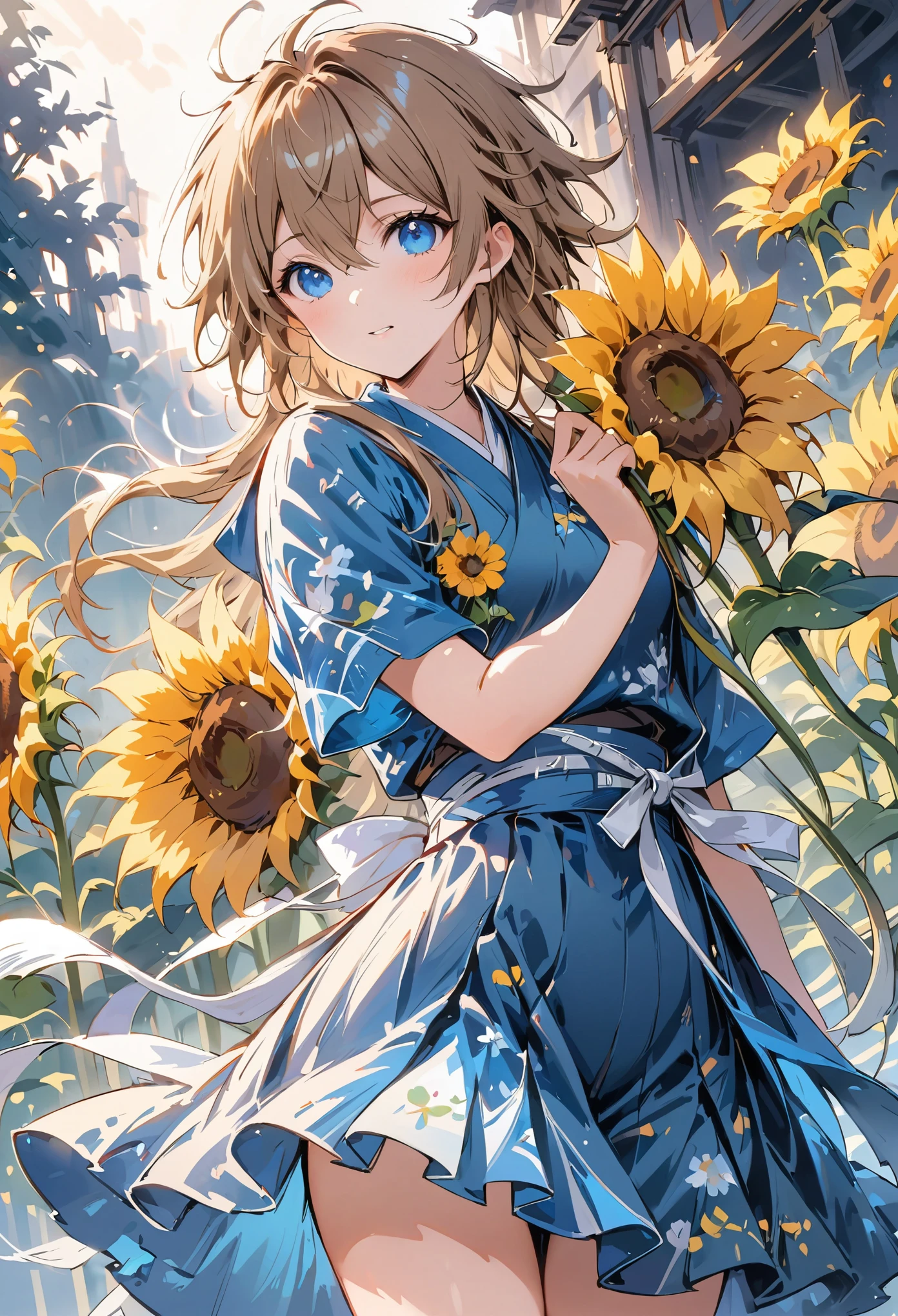 The composition of fictional characters, Dressed in young blue flowers, Surrounded by sunflowers, main character, eyes open, His hair was messed up by the wind, the sun will heal, Close-up monochrome painting, Lovely, fantastic, oil painting style, acrylic paint,, Japanese, Interesting concept, Funny drawings - ar 3:4 - Has 20 - More than 5  