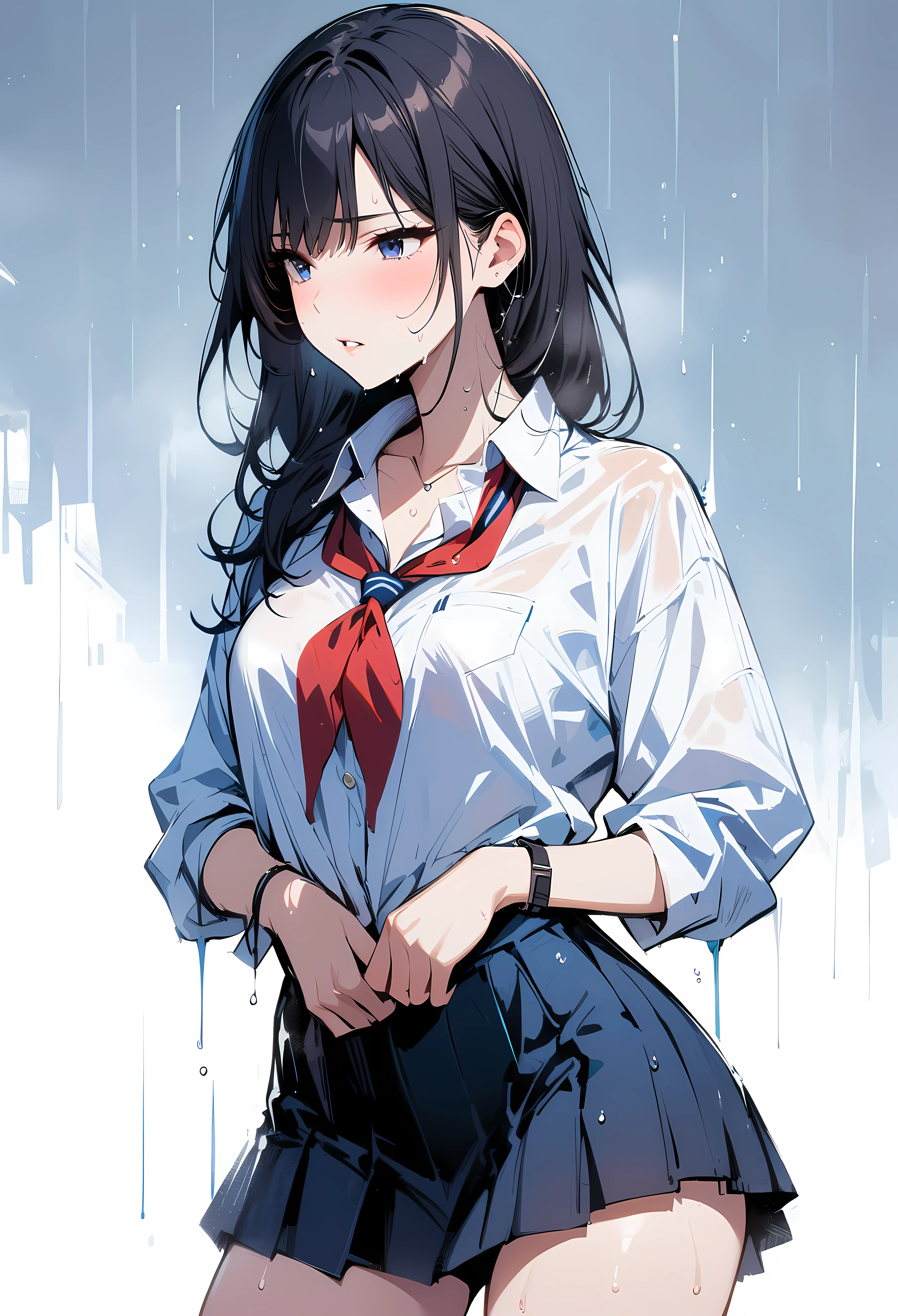 (masterpiece, best quality:1.2), 1 girl, alone , sexy , (school uniform), (cowboy shot) , black hair , (Sweat), rainy