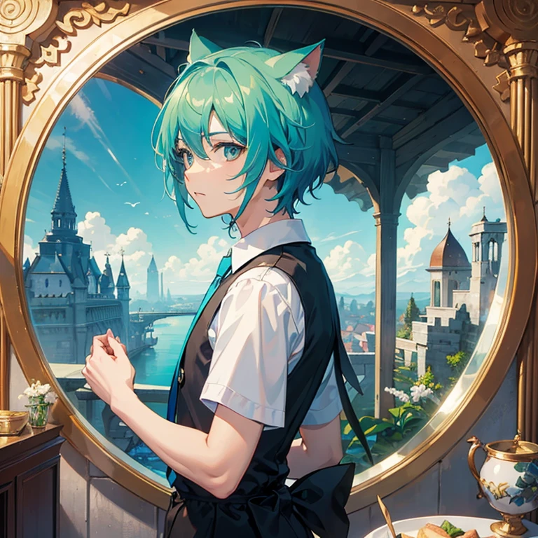 masterpiece, best quality, kingdom, landscape, looking at viewer, upper body, 1male, aqua hair, short hair, male hair, cat ears, aqua eyes, aqua shirt, short sleeves, black necktie, fairy wings