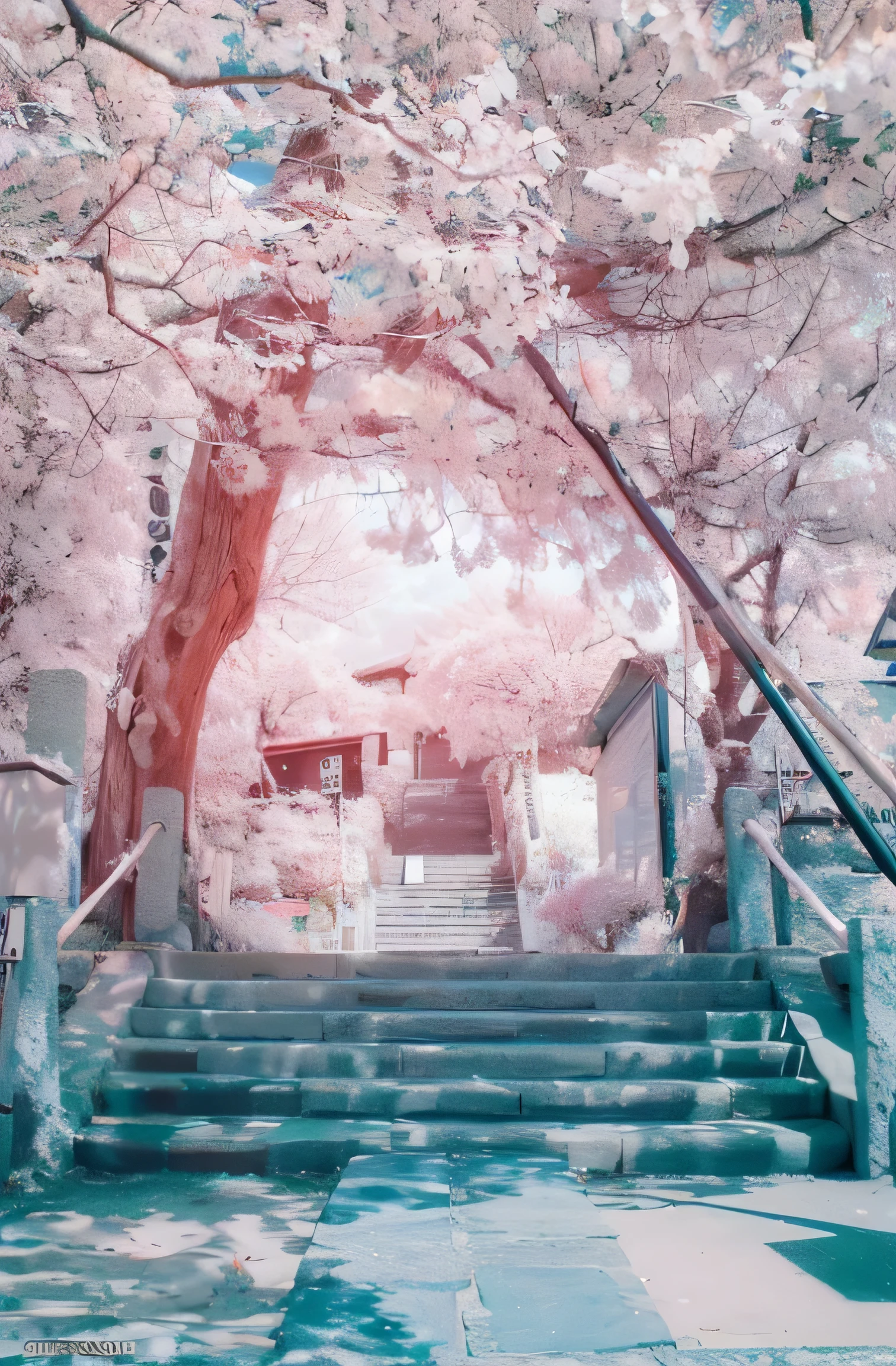 Looking up，（Low-camera shooting:1.5），Close-up of a set of stairs，There is a tree in the background, Infrared photography, The flowery road to heaven, Infrared film, Kojima color beauty relief effect, Entering the ethereal realm, vintage Infrared photograph, cherry blossom forest, Cherry tree, Infrared, kodak hie Infrared film, Cherry tree下, lush Cherry tree, Cherry tree