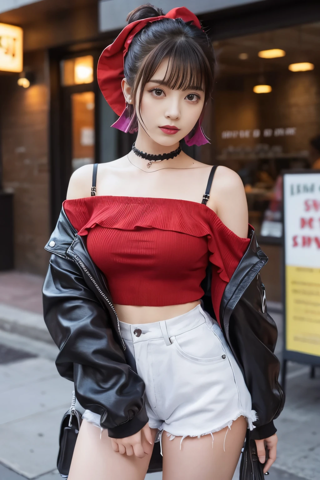 cute punk idol、whole body、good style、、、、、skull print red punk costume（off shoulder）、、Short hair