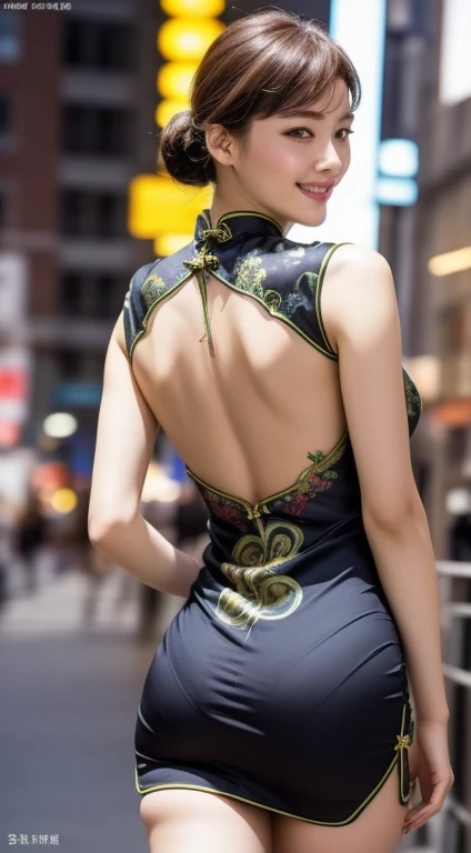8K, table top, Raw photo, highest quality, realistic, Highly detailed CG Unity 8K wallpaper, written boundary depth, cinematic light, Lens flare, ray tracing, (very beautiful face, beautiful lips, beautiful eyes), face with intricate details, ((highly detailed skin)) 1 girl, in the dark, deep shadow, cute korean girl, K-POPアイドル, 1 girl, (very slim and slender fit muscular body:1.3), ((looking at the viewer)),(big smile:1.3), (fashion city night, dark night, (neon sign), (blurred background), fashion street night),(no people in the background:1.3), beautiful earrings, bracelet, pantyhose, clear eyes, walk, (pale skin), (Big eyes), look forward to, (brown hair), (full body shot), ((silk cheongsam dress:1.3)), ((tight fit dress)), , (looking at the viewer:1.3) open chest, very slim, huge tit, return, (buckshot), focus on, front of eyebrows,(tight dress), thick thighs,frameless glasses,beautiful ponytail