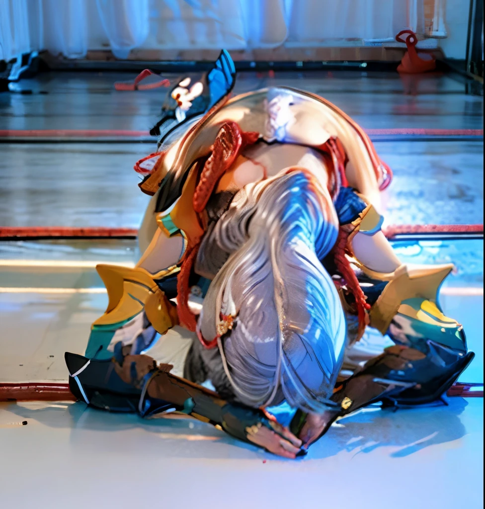 8K,artwork,modern hanfu,clavicle, ((bare shoulders)), ((whole body)), actual, Fashion girl, red lips, aldult, cosmetic, big eyes, fair eyes, ((whole body)), (from above), (best quality, masterpiece:1.2), super detailed, (actual:1.37), ((Sexy long legs)), fair, young and energetic, Charming model with (back of head), Show a bright smile, Create stunning girl images, warm color, Extremely high color saturation, official art, Extremely detailed CG unified 8K wallpaper,(high dynamic range :1.4), (Work),(pastel colors, The color is dull, soothing tone :1.3), (natural skin texture, ultra-actual, soft light, sharp),(Very detailed), night, moonlight, ((prison)),Can't see the face,back of head,whole body,delicate face,white hair,dogeza,