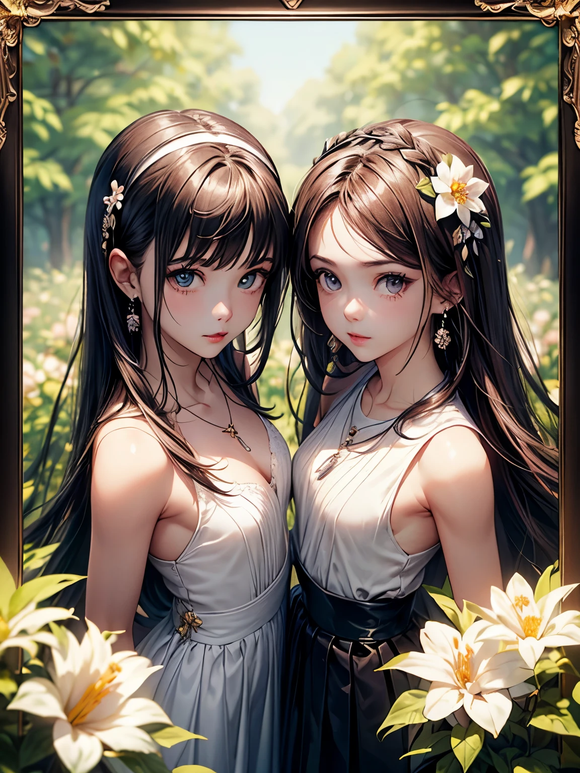 ((Biologically correct number of limbs))、4K、((standing position))、masterpiece、((focus on the face))、((Symmetrical facial features))、Eyes with detailed description、Beautiful woman、outstanding style、beautiful arms、beautiful legs、beautiful hands、(small ass、thin thighs)、Detailed depiction of faces、small earrings、necklace、(latex uniform、skirt、high heels、stockings)、Close-up of upper body including face、background full bloom flowers、hair band、Photo in a frame、