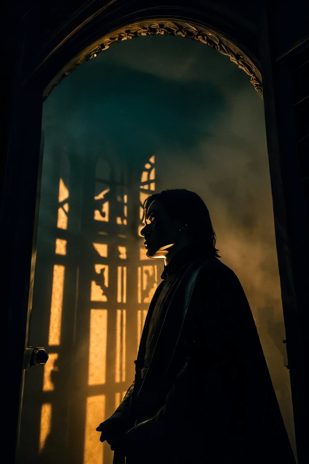 (highest quality,High resolution,masterpiece:1.2),Dark wood、have a sword、Shiroyama on the screen、chandelier、stage、Candle、thin light、Suspicious Shadows, Wrapped in a robe, A large moonlight that emits red light、contrast lighting,fine wood texture,dark atmosphere,Bright colors,sharp focus,long shadow,creepy themed,hidden secret,mysterious aura,dramatic composition,Detail-rich environment,Fascinating story,heroic pose,faint smoke,night scene,thick fog,Interaction of light and shadow,Creepy Presence,adventurous spirit,mysterious element,,dynamic action,sparkling reflections,fantastic atmosphere,impressive architecture,gothic style,fantasy setting、Angle from the front、、Upper body close-up、