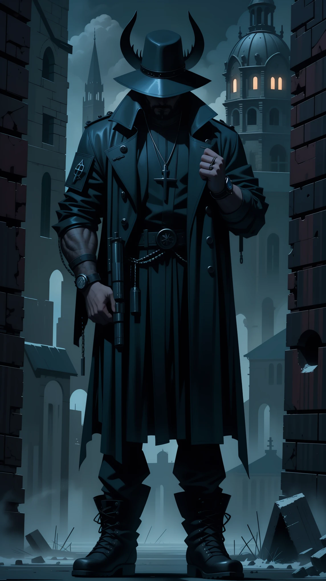demon hunter, equipped with two pistols, with a large hat that partially covers his face, a masculine and battle-hardened man, wearing a long black trench coat, symbols of protection all over his body, purple glasses, pendants on his neck, rosary religious, ruthless and professional, work boots and an old watch in a pocket, in the background a city with a bell tower where the bells ring, dark atmosphere, 3d illustration, high quality, realistic and highly detailed, a masterpiece,Physically based representation，sosteniendo el arma con ambas manos，apuntar a ti