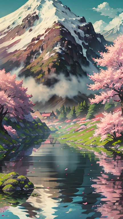 Japanese theme, Best quality, masterpiece, sakura, spring, Mountains