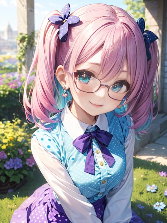 Glasses、小さなgirl、The arrival of spring、big butt、 (alone:1.5,)Super detailed,bright colors, very beautiful detailed anime face and eyes, look straight, ;shiny_skin,girl, ((gradient hair, , Half blue、half pink hair: 1.2)） 、forehead is exposed.、green eyes、shiny hair, delicate beautiful face, blush、(turquoise eyes), White skin, Valletta, earrings,、blue flower field、((ribbon、(Floral、blouse、polka dots、purple skirt)))、twin tails、smile、happy face、face dyed red