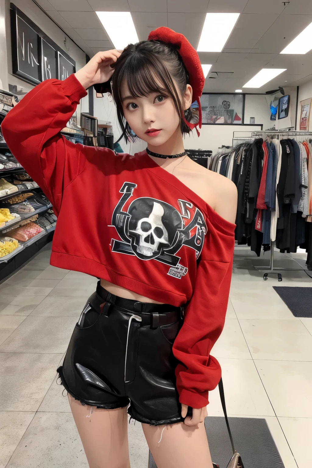 cute punk idol、whole body、good style、、、、、skull print red punk costume(off shoulder)、、Short hair