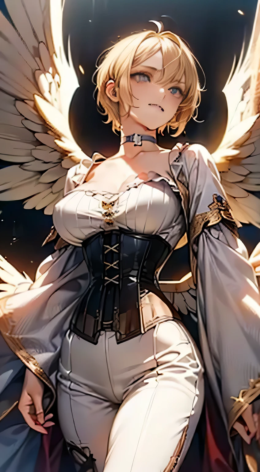 ((blonde short hair:1.8)), (shining purple eyes)beautiful, beautiful woman, perfect anatomy, perfect body, perfect breasts, big breasts, ((angel with a pair of wings spread:1.8, white clothes, corset, choker:1.6)), forest:1.6, captivating gaze, slight smile, realism, masterpiece, rough skin , Super detailed, high detail, high quality, 最high quality, 1080p, 16k, (looking down on the audience:1.3)