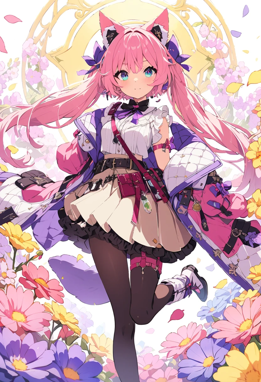 (masterpiece), (best quality), (Very detailed),black pantyhose, skirt, ear,eternal, flower field,