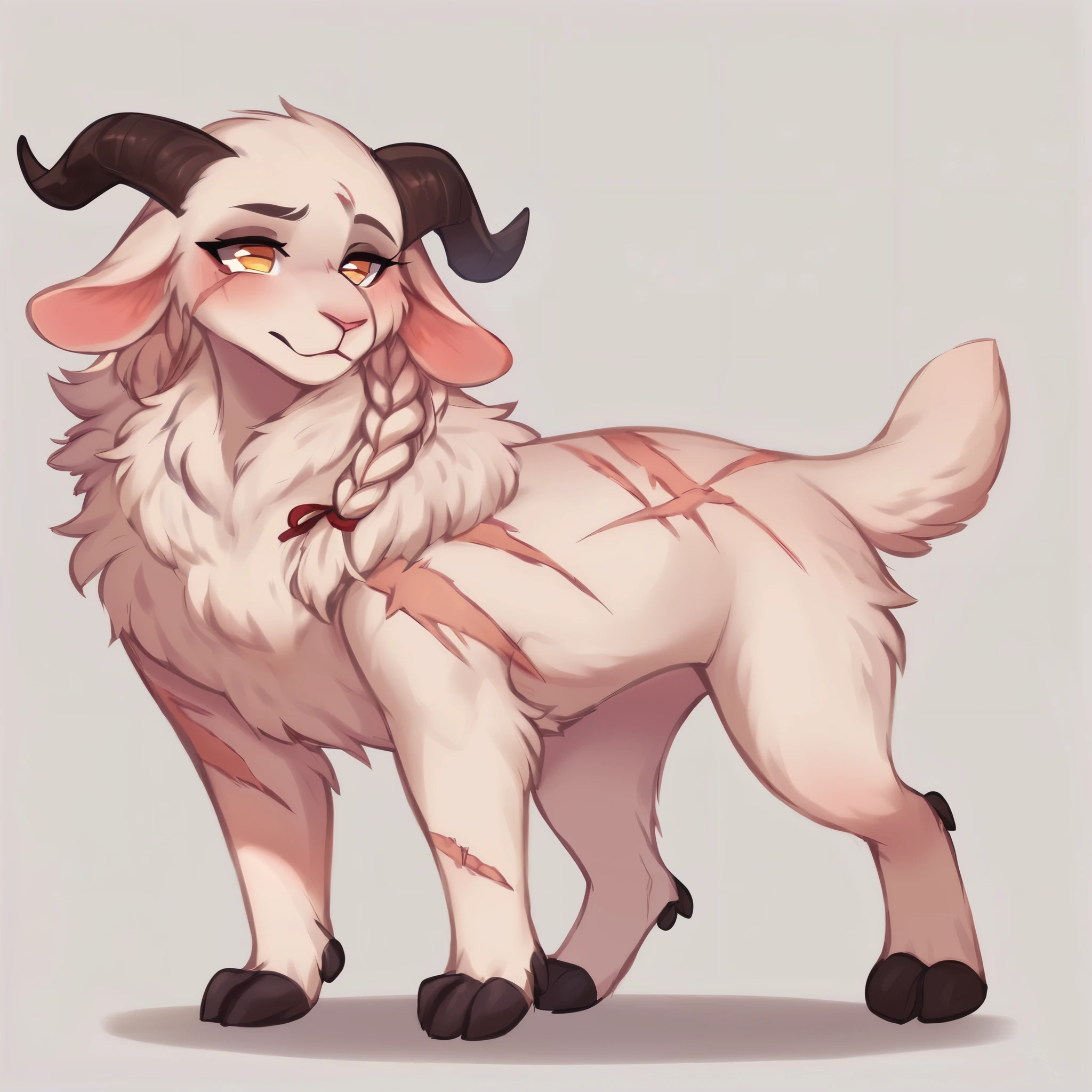 score_9, score_8_up, score_7_up, score_6_up, score_5_up, score_4_up, show accurate, full body, hungry body, simple background, feral goat, female goat, white fur, albino fur, single color fur, age goat, adorable face, goat horns, goat pupil, golden eyes, tender look, loving look, mane covering the neck, small braids in her hair and mane, standing on all fours, many scars all body, long scars, scars on the face,