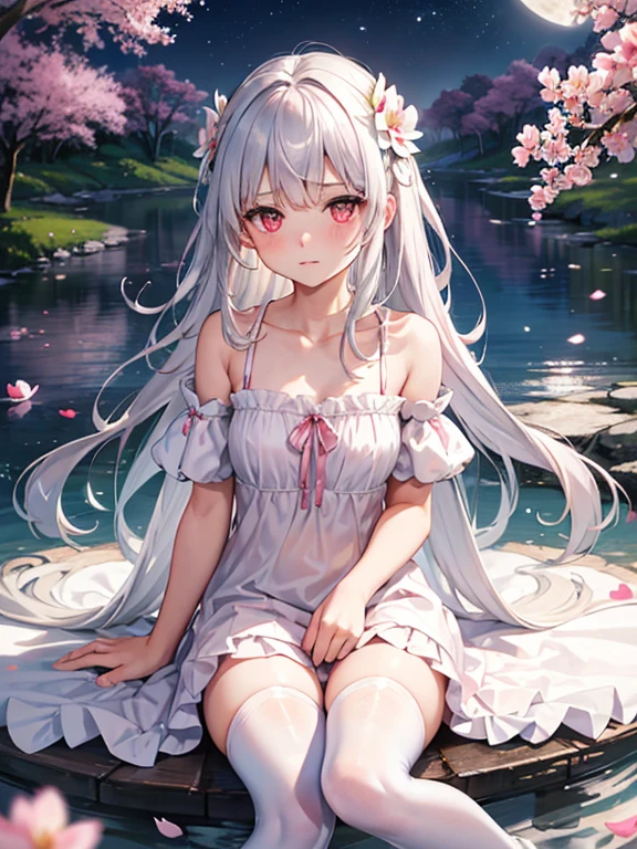 (sitting),(bow),(silver hair),(long hair),(light red eyes),hreat in the eyes,(white fourpetal flower hair ornament:1.1),(blush),bangs,(a girl in[(nightdress):(((no socks))):0.4]:1.2),(bare shoulder),collarbone,(white thighhighs:1.2),frilled sleeves,looking at viewer,[(night:1.2),peaceful,sky,((full moon)),stars,house,town,(in a courtyard),water drop,pond,(near by the pond),tree,flower request,wind::0.6],(lridescent light refraction),(floating pink petals:1.2),dreamy