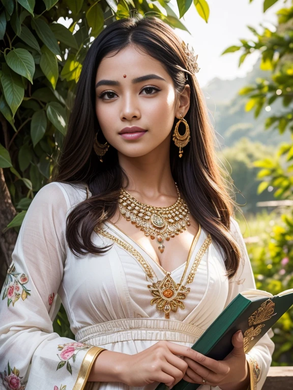 (best quality,highres,masterpiece:1.2),ultra-detailed,beautiful detailed eyes,beautiful detailed lips,extremely detailed face,portrait,traditional art style,vibrant colors,soft lighting,garden background,flowers in the hair,confident expression,standing posture,playful atmosphere,authentic costume,detailed accessories,ribbon,book in hand,rays of sunlight,smiling face,natural beauty,ethnic jewelry,classic pose,comfortable environment,harmonious composition,eye-catching appearance,artistic representation,beautiful Indonesian landscapes,proud attitude,feminine charm.
