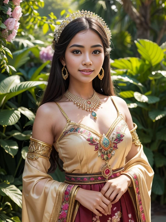 A majestic Tropical Jungle Queen  Japanese girl. She should be 180 cm tall, weigh 45 kg, and have a smooth, light complexion, straight long blonde hair , sleek, and glossy, graceful, diamond face with high cheekbones, a small, delicate nose, and full, well-defined lips. Her large, expressive brown eyes should have detailed irises and long eyelashes. Her physique should be athletic yet feminine, with medium-sized, round breasts. The image should be ultra-high definition (4k, 8k) with soft, natural lighting to highlight her skin texture, hair shine, and facial details stands amidst dense, vibrant foliage. She wears an elaborate outfit of woven leaves and bright feathers, adorned with intricate tribal jewelry. Her long hair is adorned with flowers and she holds a staff crowned with a gemstone. The lush jungle around her is teeming with colorful flora and fauna, and sunlight filters through the canopy.