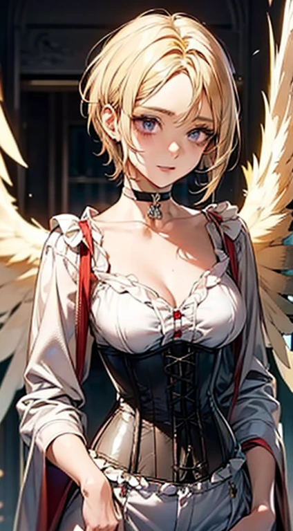 ((blonde short hair:1.8)), (shining purple eyes)beautiful, beautiful woman, perfect anatomy, perfect body, perfect breasts, big breasts, ((angel with a pair of wings spread:1.8, white clothes, corset, choker:1.6)), forest:1.6, captivating gaze, slight smile, realism, masterpiece, rough skin , Super detailed, high detail, high quality, 最high quality, 1080p, 16k, (looking down on the audience:1.3)