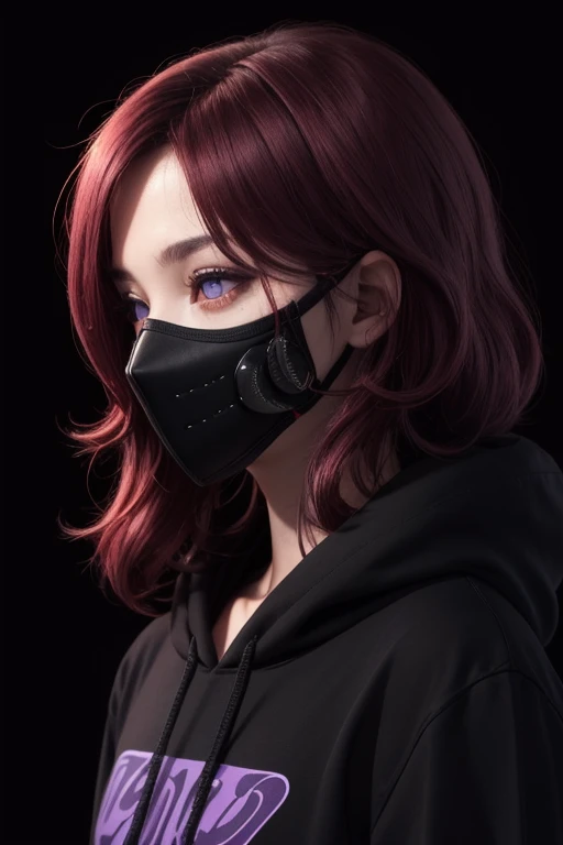 ((best quality)), ((masterpiece)), (detailed), perfect face,long wavy purple with a red at the bottom of hair color, sharp eyes, dark red eyeballs, wearing a cyber masker, wearing a black mix purple hoodie color, profile picture, dark light background. 