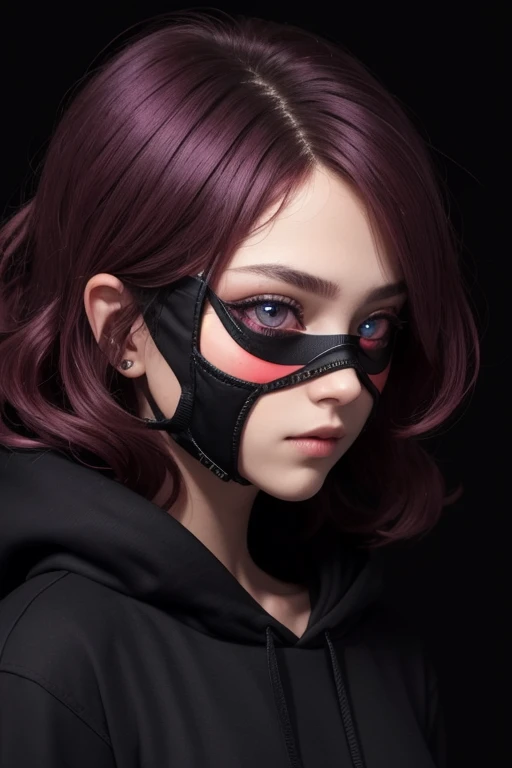 ((best quality)), ((masterpiece)), (detailed), perfect face,long wavy purple with a red at the bottom of hair color, sharp eyes, dark red eyeballs, wearing a cyber masker, wearing a black mix purple hoodie color, profile picture, dark light background.