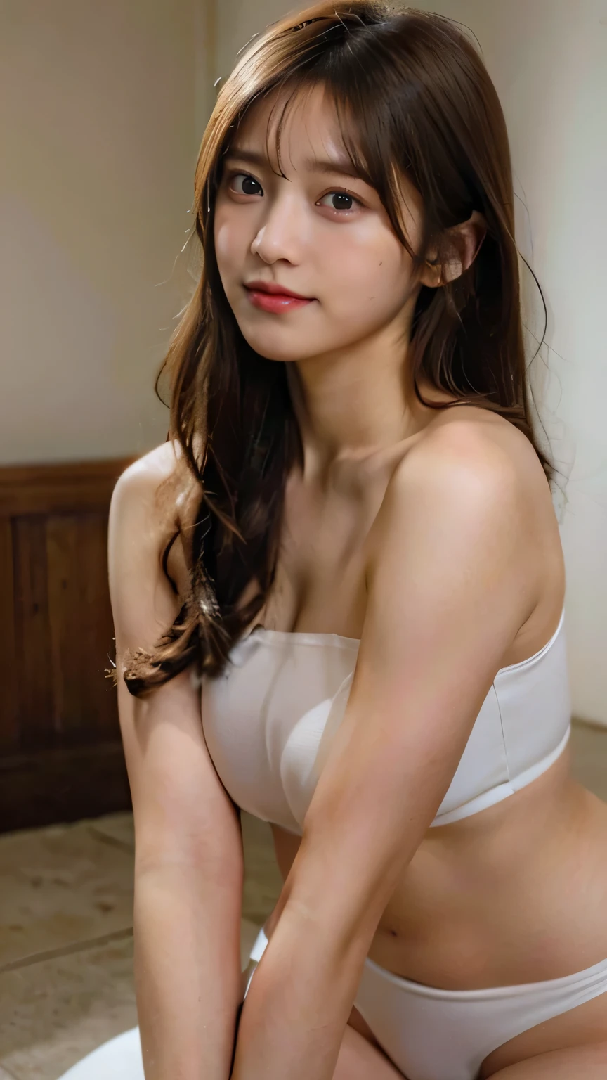 (best quality,highres,masterpiece:1.2),ultra-detailed,realistic:1.37,8K high-resolution photograph,full-body shot,exquisite skin,beautiful breasts,modest yet provocative attire,long brown hair,perfectly detailed face with 8K resolution,straigh hair,smiling, flawless facial features,perfectly shaped lips,full-body shot,gorgeous body line, flawless nose,beautiful eyes with intricate details, seductive expression,stunning girl,26-year-old Japanese woman,face tilted up,blushing face,cool beauty,full-body shot from head to toe,long legs,standing posture,highlighting the legs,perfectly shaped fingers,curvaceous body,orgasm face,pussy line