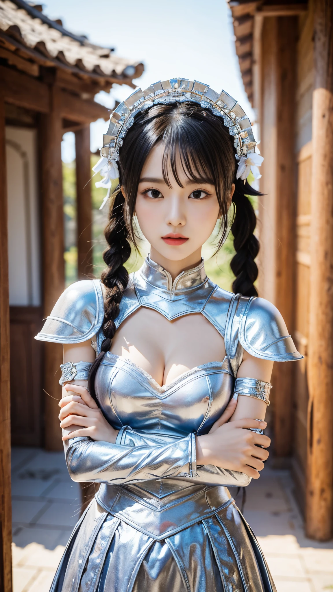 （8K，Best picture quality：1.2），（tmasterpiece：1.37），（photore，realisticlying：1.37），（ultra high resolution），2+Kizi， [Chinese|Russian|Japanese|Korean]，A half body，Walking posture，Shooting from front，Slow motion，Female paladins dressed in full body，（Light silver armor：1.2），（Richly decorated ta costume armor），（insanely details，blooms：1.5），（simulating：1.2），（High- sharpness），（detailedpupils：1.1），detailed faces and eyes， tmasterpiece， best qualtiy， （Highly detailed photo：1.1）， （longblackhair，pony tails，ecstasy：1.1）， woman：1.1）， Sharp， （perfect bodies：1.1）， realisticlying， Real Shadow， 3D， （a temple background：1.2）， Cross your arms over your chest
photograph：Canan EOS R6， 135mm， 1/1250s， f/2.8， ISO 400