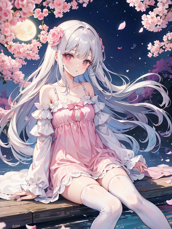 (sitting),(bow),(silver hair),(long hair),(light red eyes),hreat in the eyes,(white fourpetal flower hair ornament:1.1),(blush),bangs,(a girl in[(nightdress):(((no socks))):0.4]:1.2),(bare shoulder),collarbone,(white thighhighs:1.2),frilled sleeves,looking at viewer,[(night:1.2),peaceful,sky,((full moon)),stars,house,town,(in a courtyard),water drop,pond,(near by the pond),tree,flower request,wind::0.6],(lridescent light refraction),(floating pink petals:1.2),dreamy