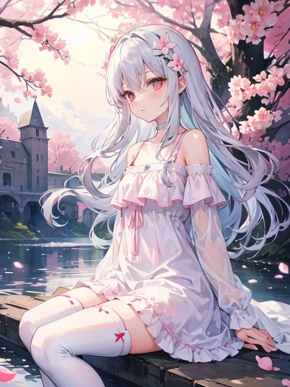 (sitting),(bow),(silver hair),(long hair),(light red eyes),hreat in the eyes,(white fourpetal flower hair ornament:1.1),(blush),bangs,(a girl in[(nightdress):(((no socks))):0.4]:1.2),(bare shoulder),collarbone,(white thighhighs:1.2),frilled sleeves,looking at viewer,[(night:1.2),peaceful,sky,((full moon)),stars,house,town,(in a courtyard),water drop,pond,(near by the pond),tree,flower request,wind::0.6],(lridescent light refraction),(floating pink petals:1.2),dreamy