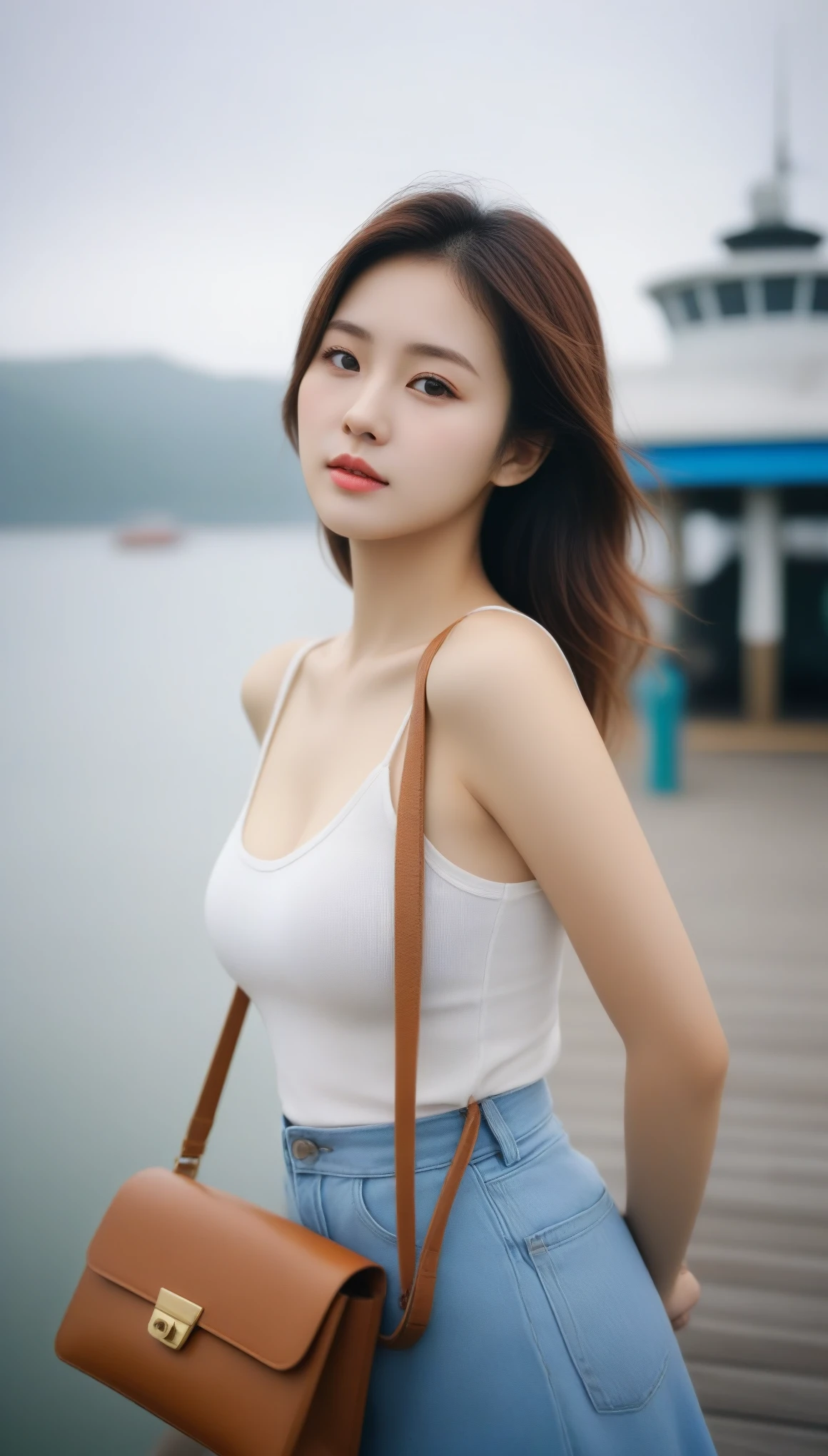 close-up of beautiful korean female, 34 inch breasts size, wearing tank top, carry mini bag, at ferry pier, foggy atmosphere, bokeh background, Polaroid photo, UHD