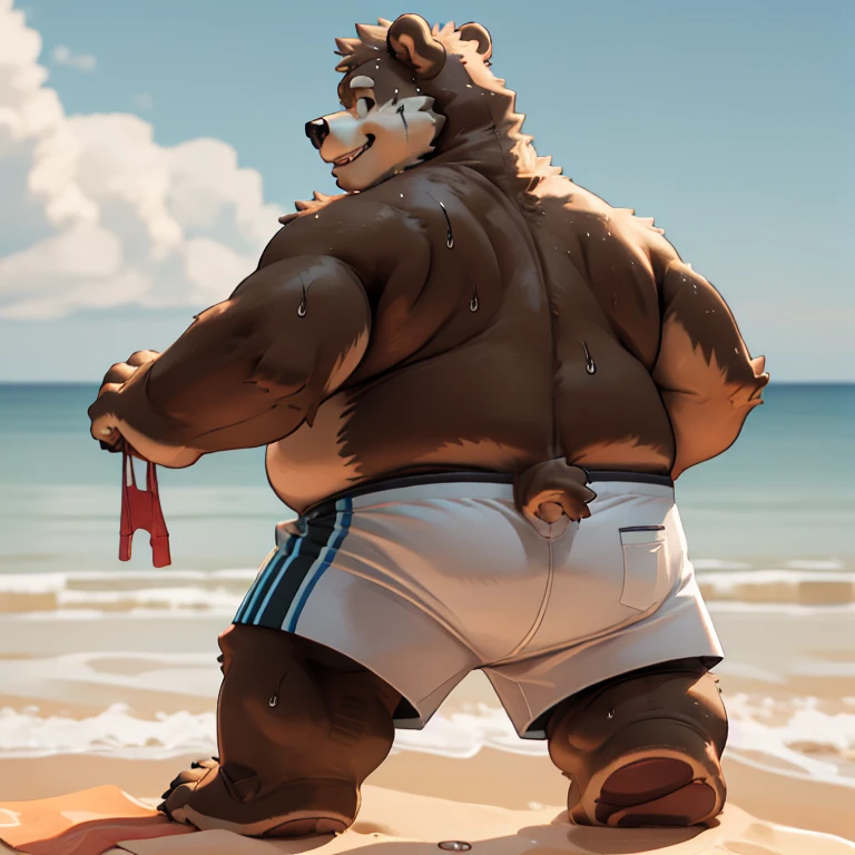 New Jersey 5 Hairy, Bear,full body portrait, male,exquisite, chubby,thick arms,plush fur,Get down,beach,Naked from the waist down,white shorts,sweating,Look back and smile,Get down