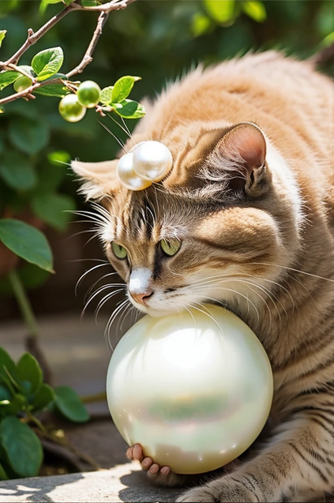 very big pearl,pearls around cute cat