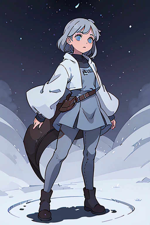 12 year old girl. medium length silver hair. blue eyes. wearing a pale blue dress . wearing brown winter boots. wearing grey pants. standing straight. arms at the side. facing forward.whole body can be seen. cosmic background.